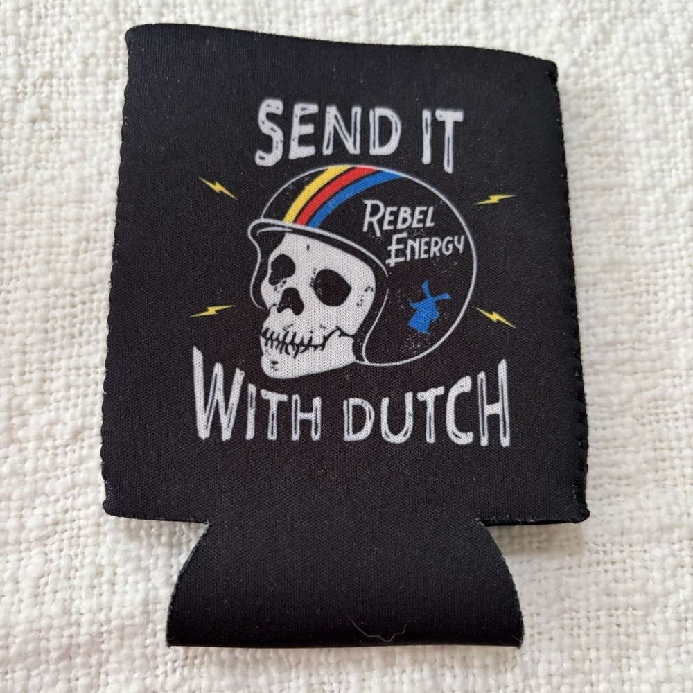 Dutch‎ Bros Coffee Send It With Dutch Rebel Energy Can Koozie Black Skull Logo